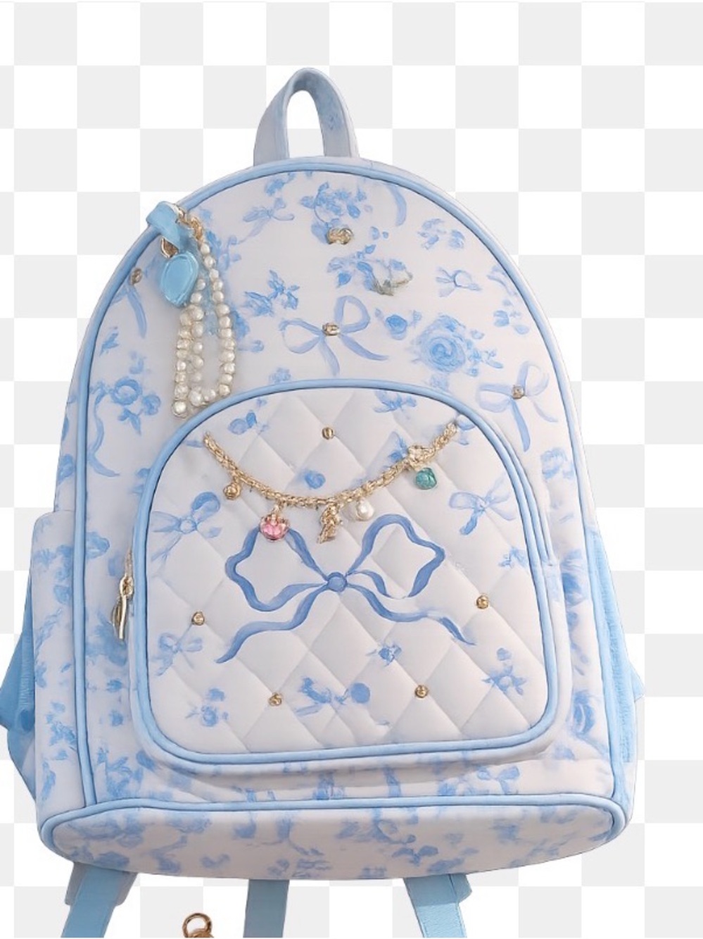 CoquetteBlue & White Floral Bow Quilted Backpack